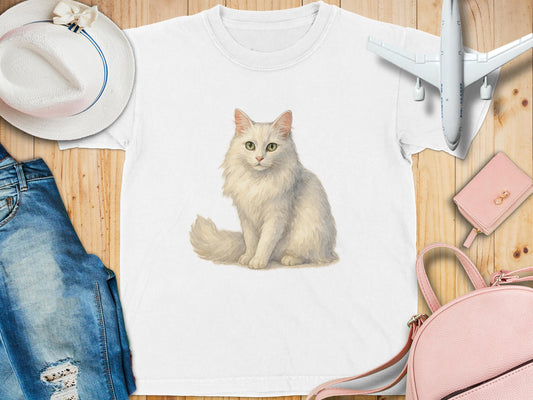 Fluffy White Cat Illustration Stylish T-Shirt product type