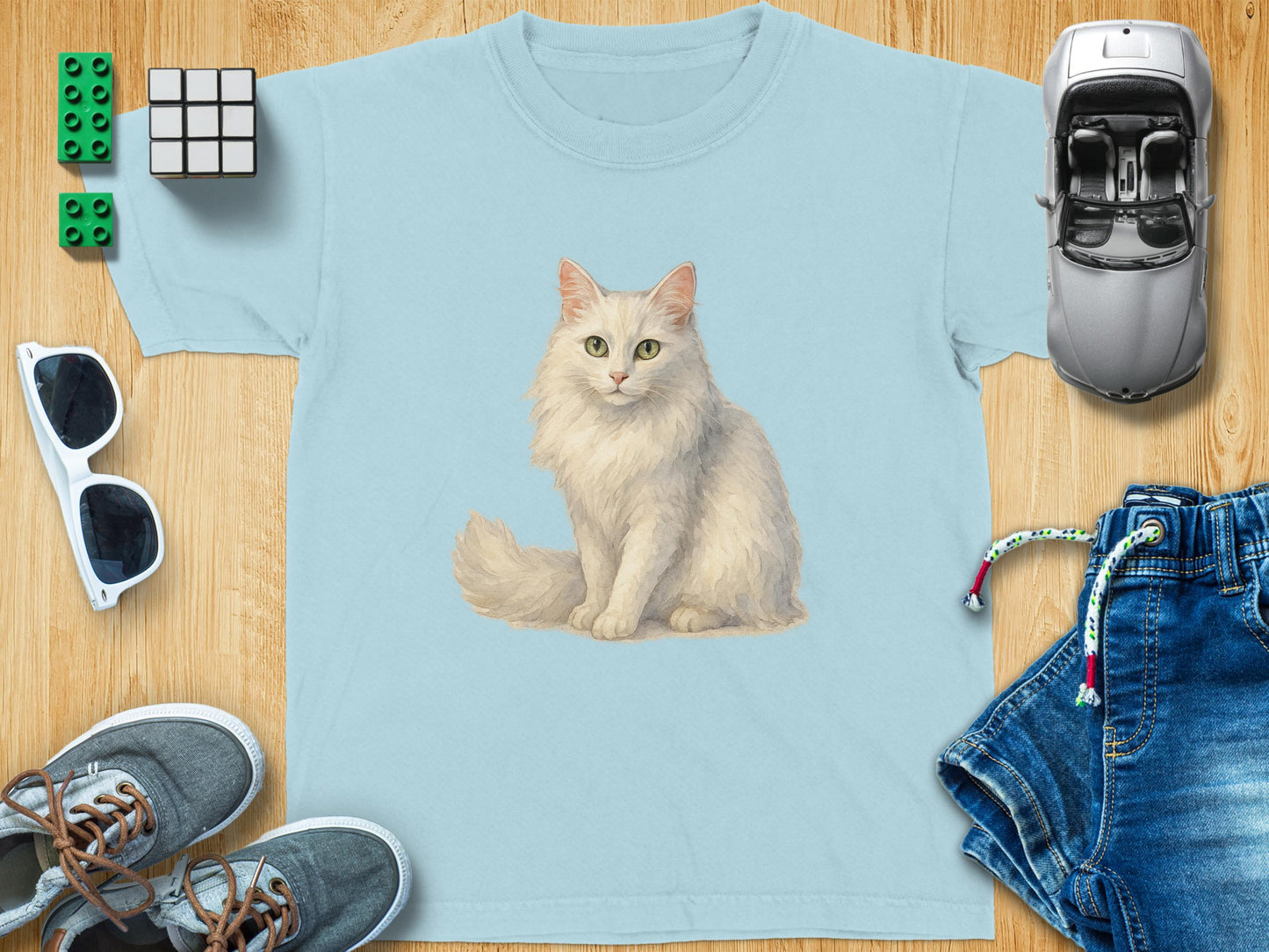 Cute White Cat Illustration Unisex Baby Blue T-Shirt product