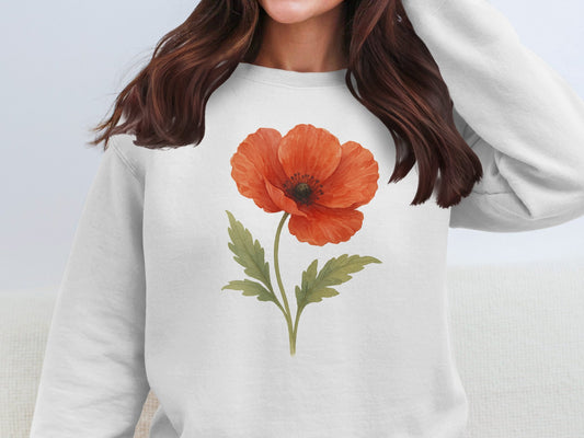 Beautiful red poppy design on white sweatshirt product