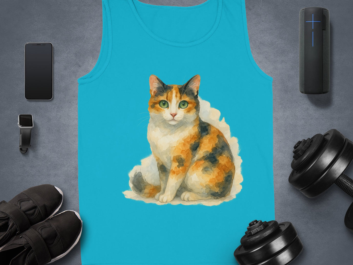 Calico Cat Design on a Bright Blue Tank Top product type