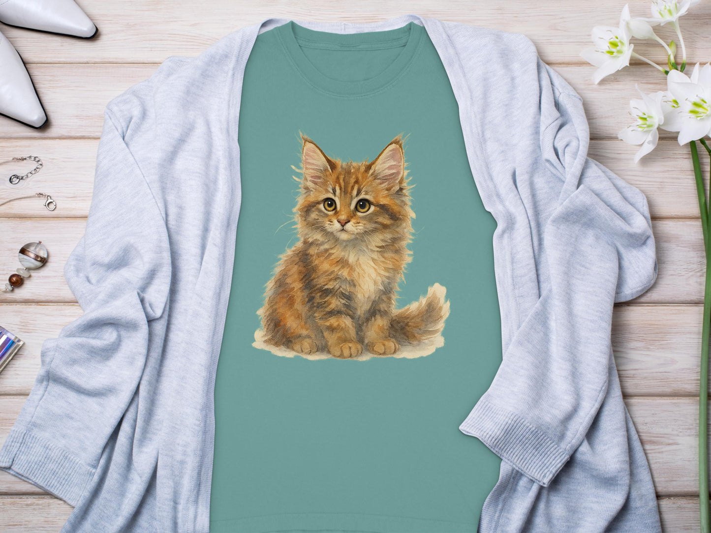 Cute Fluffy Kitten Illustration on Trendy Tee product
