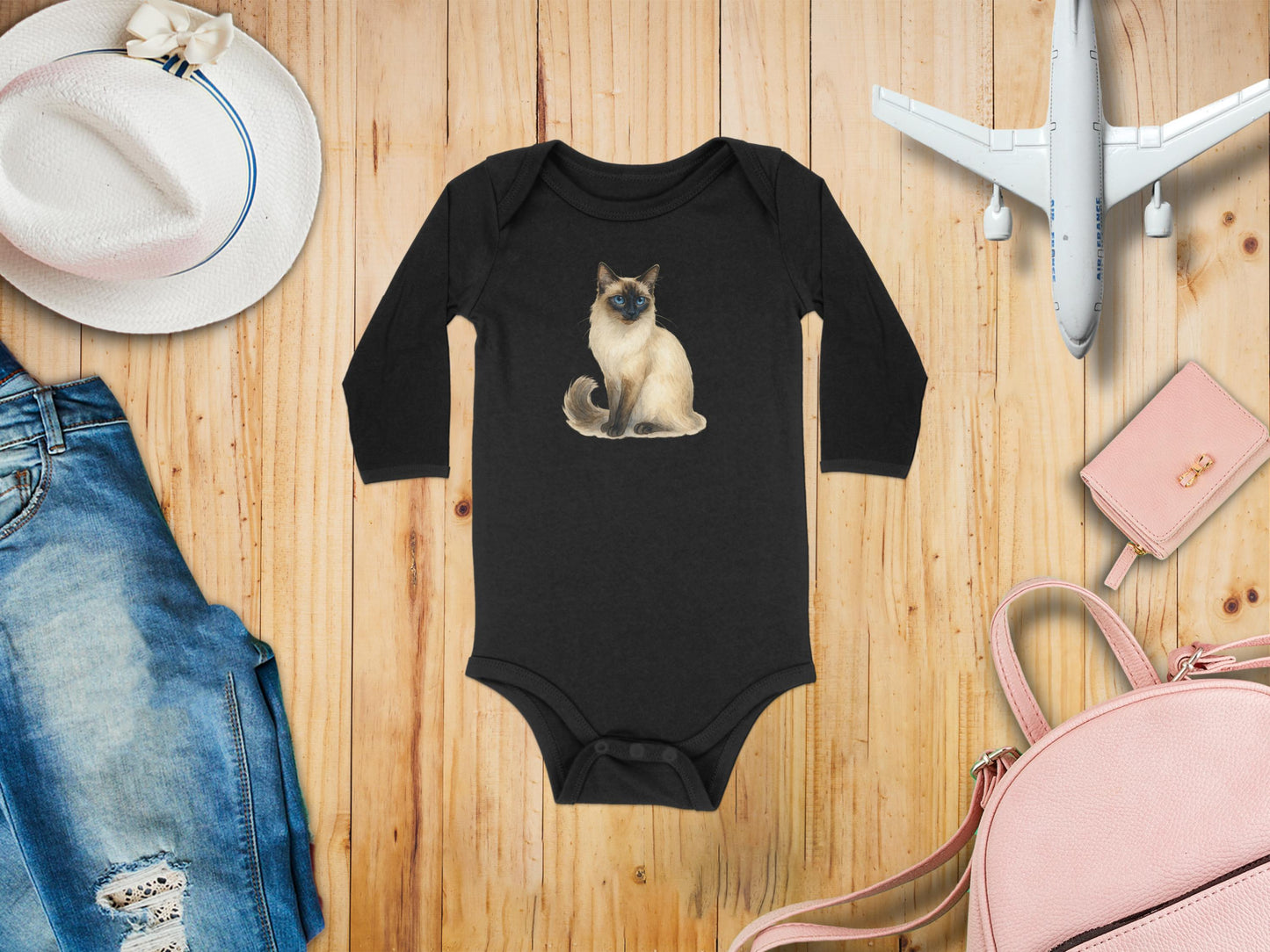 Cute Siamese Cat Design Long Sleeve Baby Onesie product type