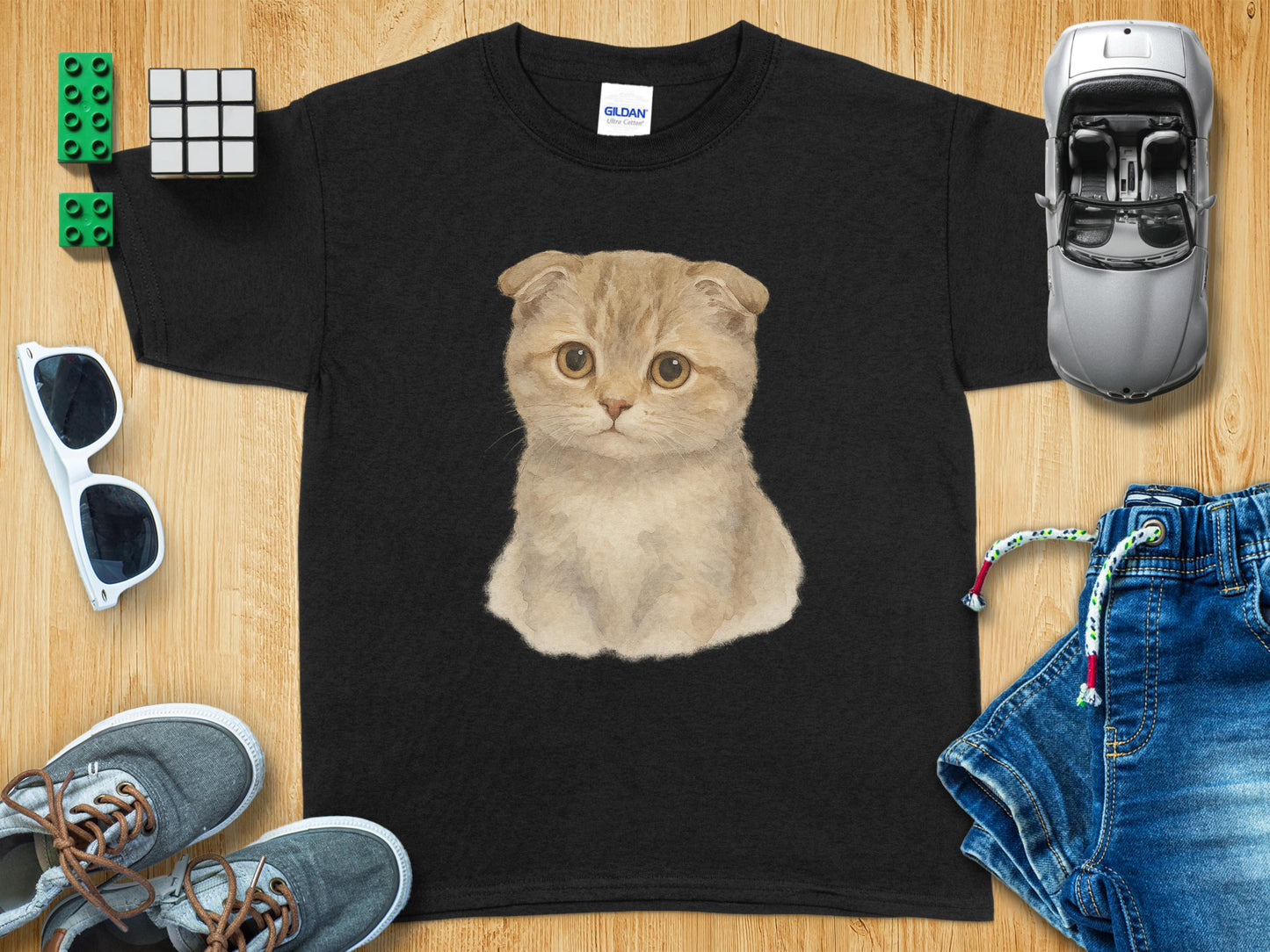 Adorable Kitten Print on Black T-Shirt Product