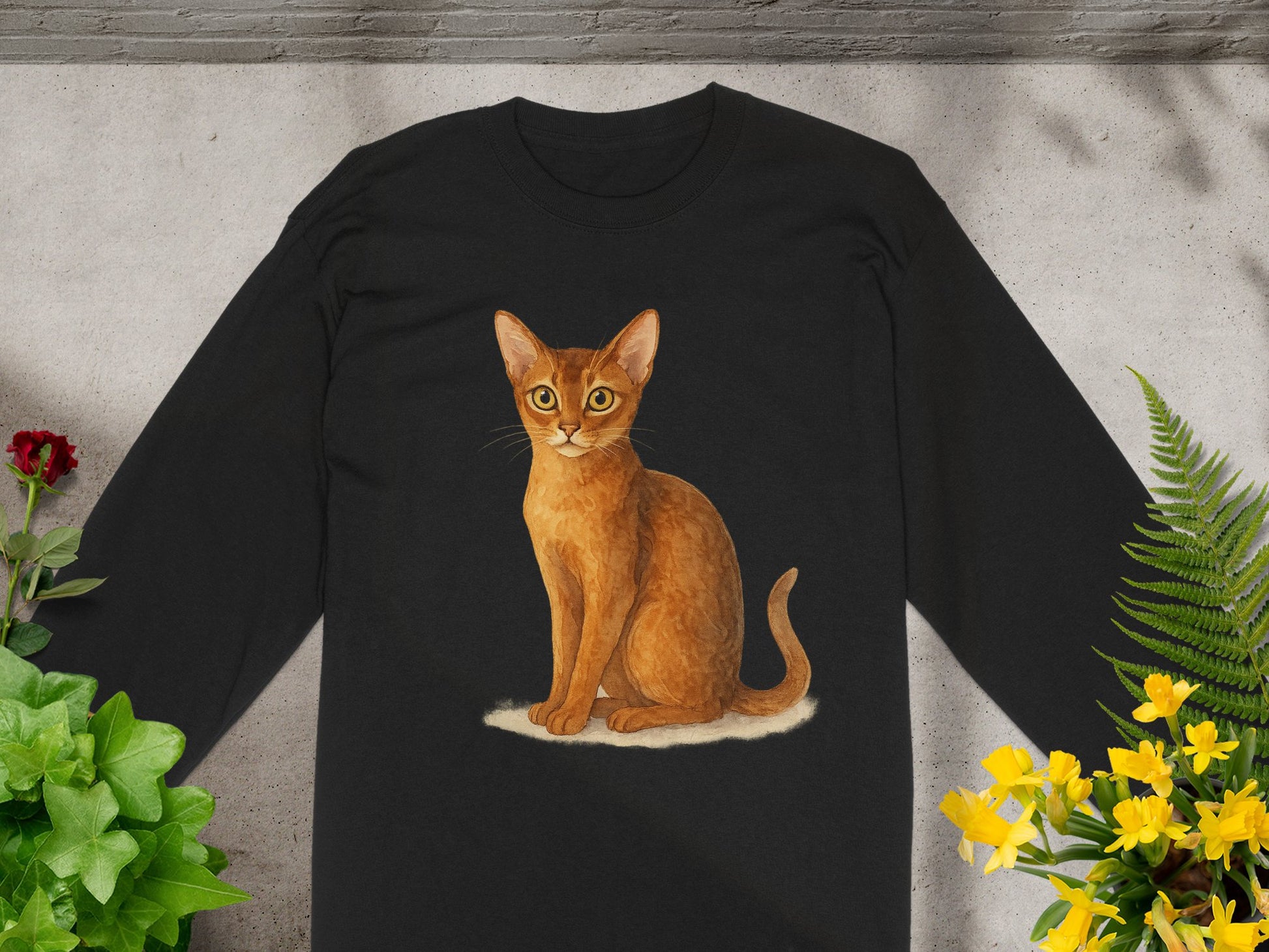 Adorable Brown Cat Design on Black Long Sleeve Shirt product