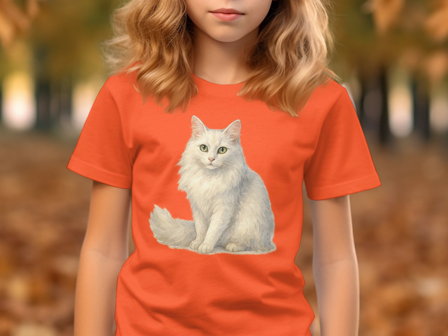 Adorable White Cat Design on Orange T-shirt product type
