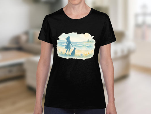 Scenic Beach Walk with Dog Artwork T-shirt product
