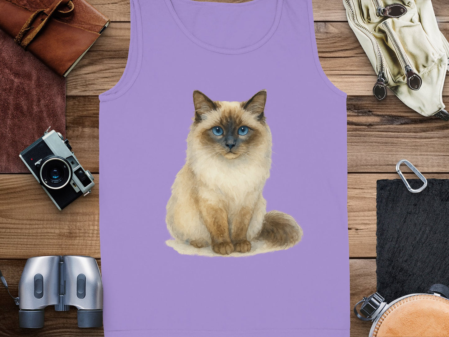 Cute Fluffy Siamese Cat Print on Purple Tank Top product