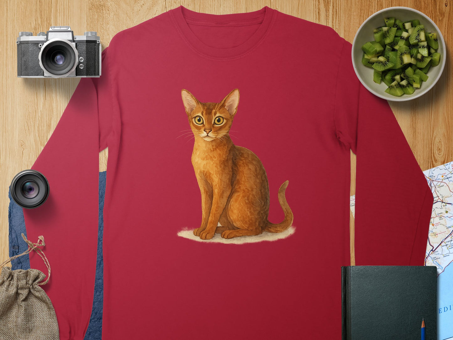 Adorable Cat Illustration on Red Long Sleeve Shirt product