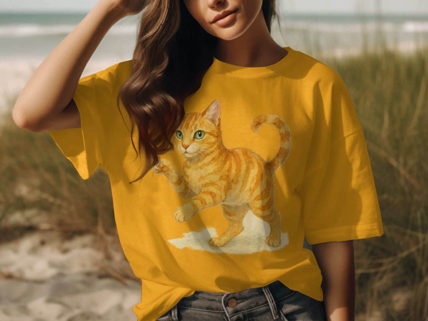 Vibrant Yellow T-Shirt with Adorable Cat Design product