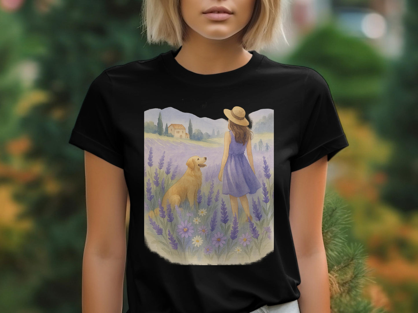 Woman with Hat in Lavender Field with Dog product type