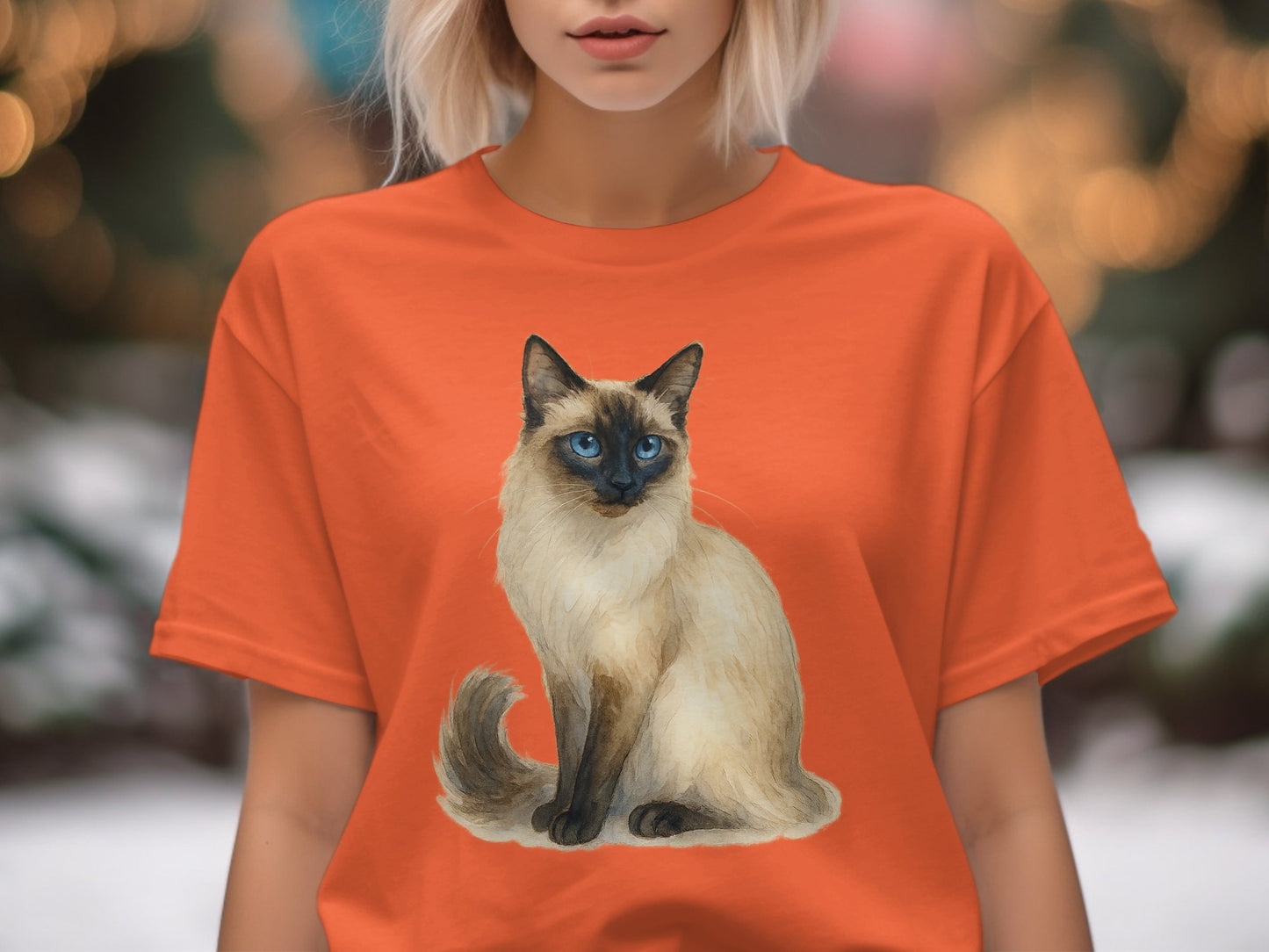 Vibrant orange t shirt with a siamese cat print product