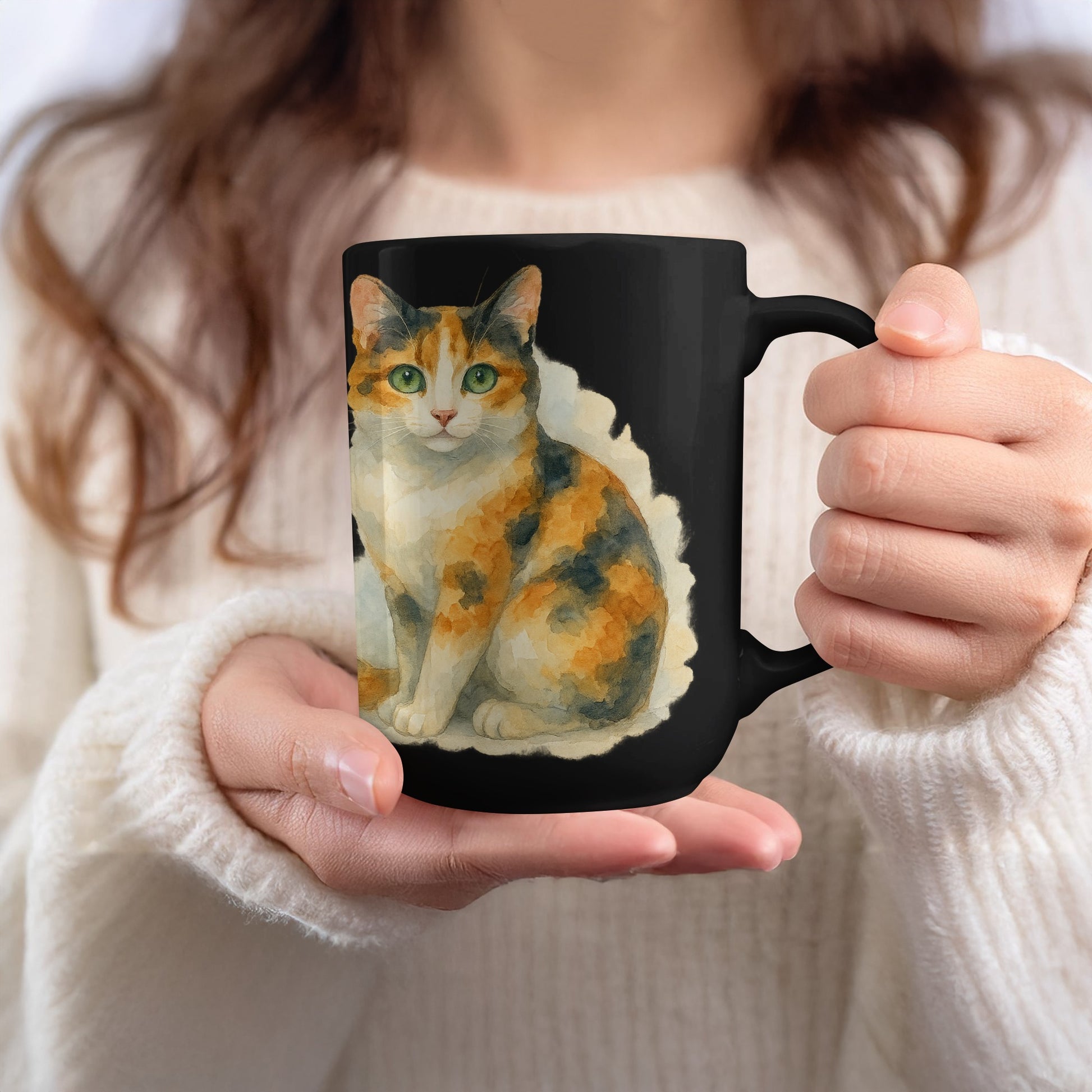 Colorful Calico Cat Art Black Mug product type