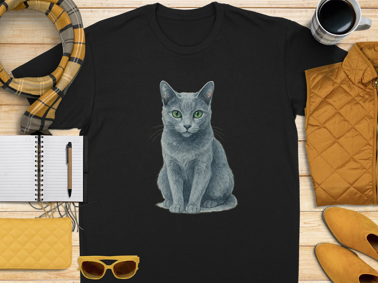 Gray Cat Illustration on Black T-Shirt product type
