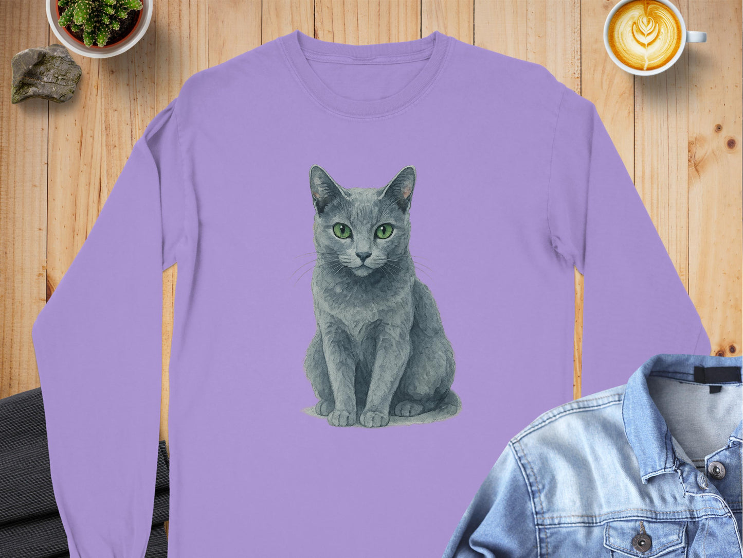 Grey Cat Illustration on Lavender Long Sleeve Shirt product