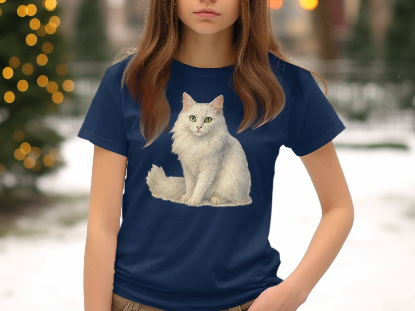 White Furry Cat Print on a Snowy Background T-Shirt product type