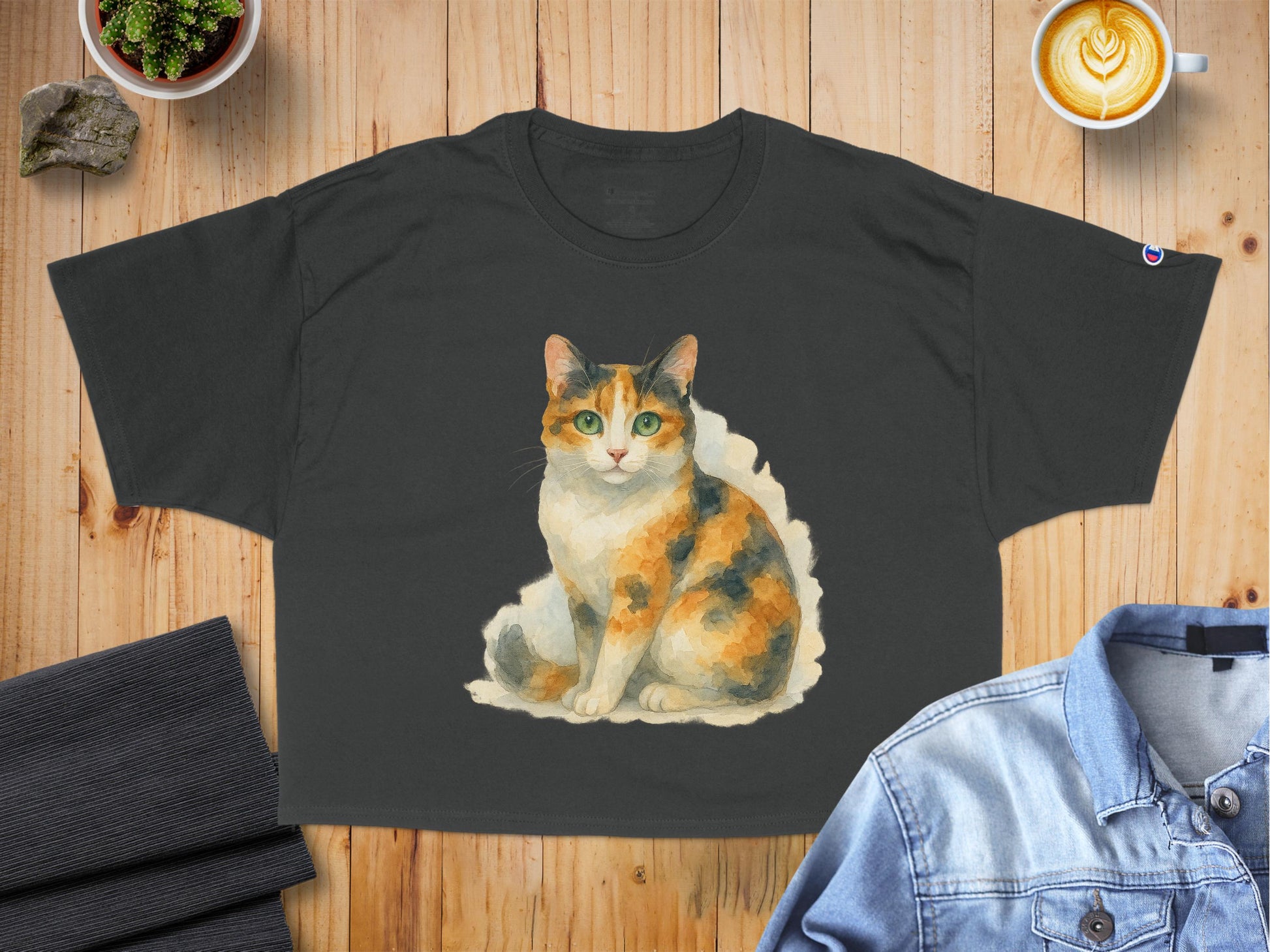 Cute Illustrated Calico Cat on Black T-Shirt product