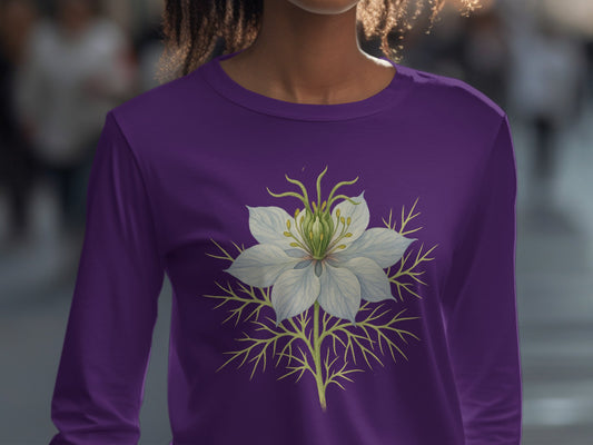 Elegant White Flower Design on Purple Shirt product
