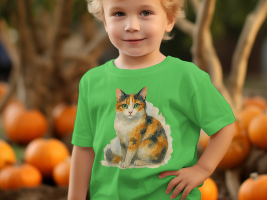 Cute Cat Print Green Kids Autumn T-Shirt product