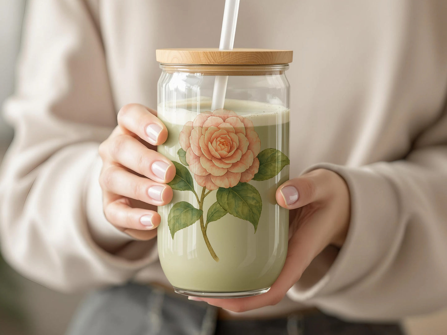 Elegant Floral Glass Jar with Bamboo Lid product