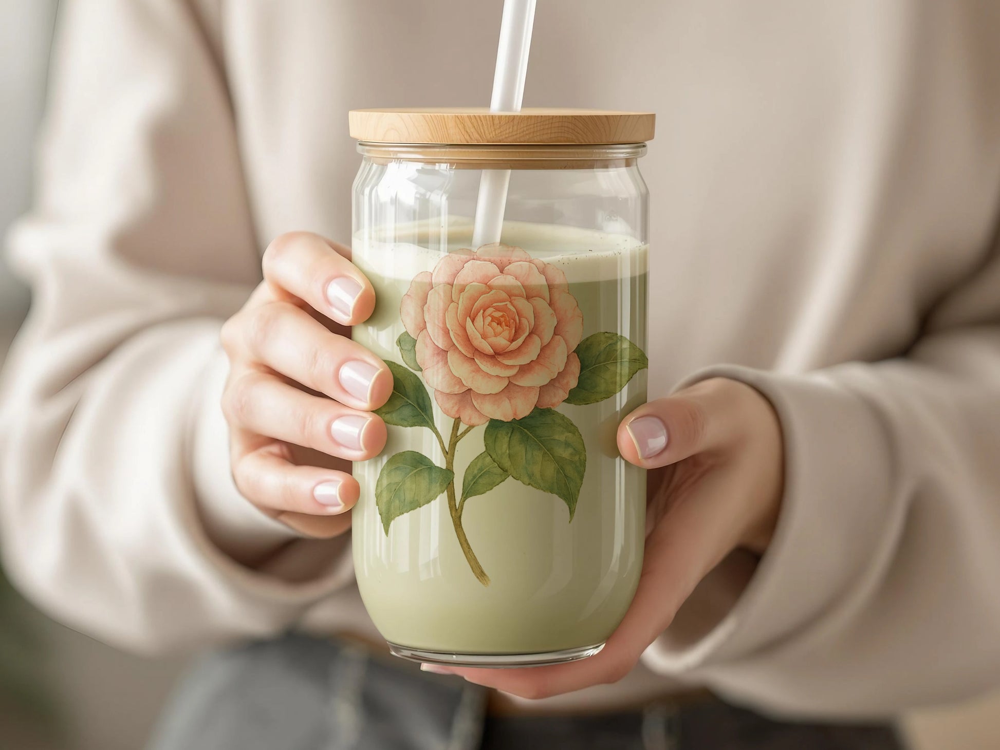 Elegant Floral Glass Jar with Bamboo Lid product