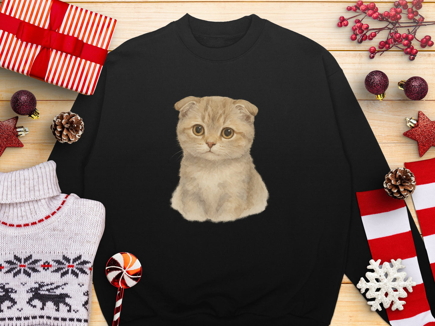 Cute Scottish Fold Cat Printed Black Sweatshirt product