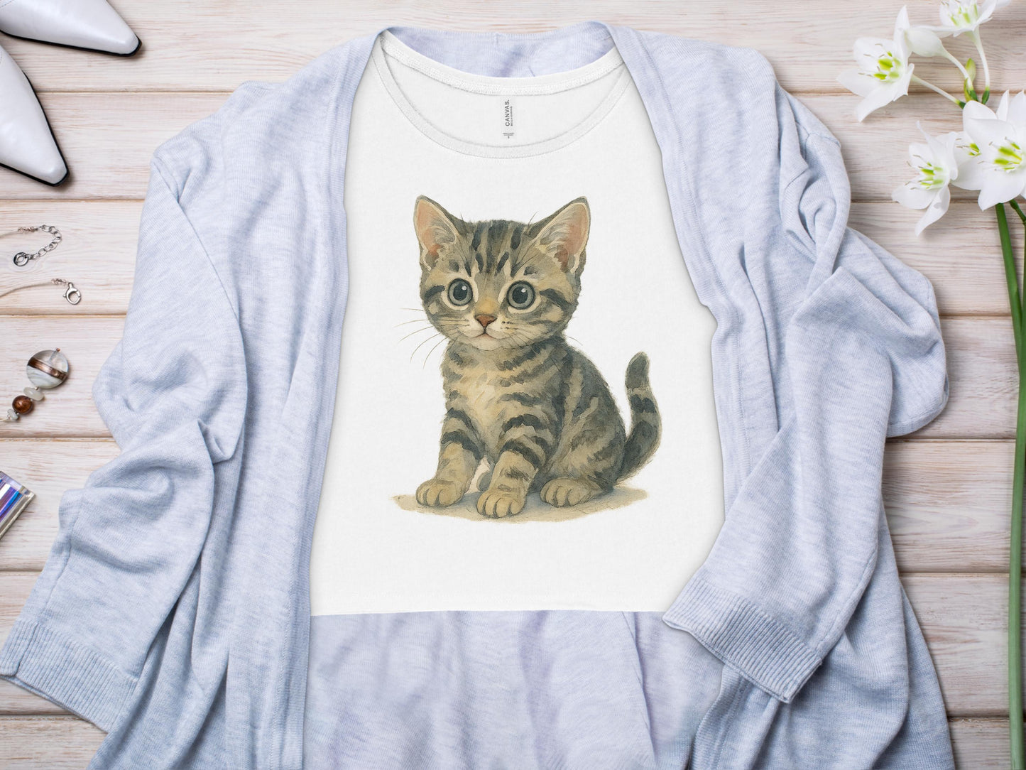 Cute Kitten Illustration on White Tee product