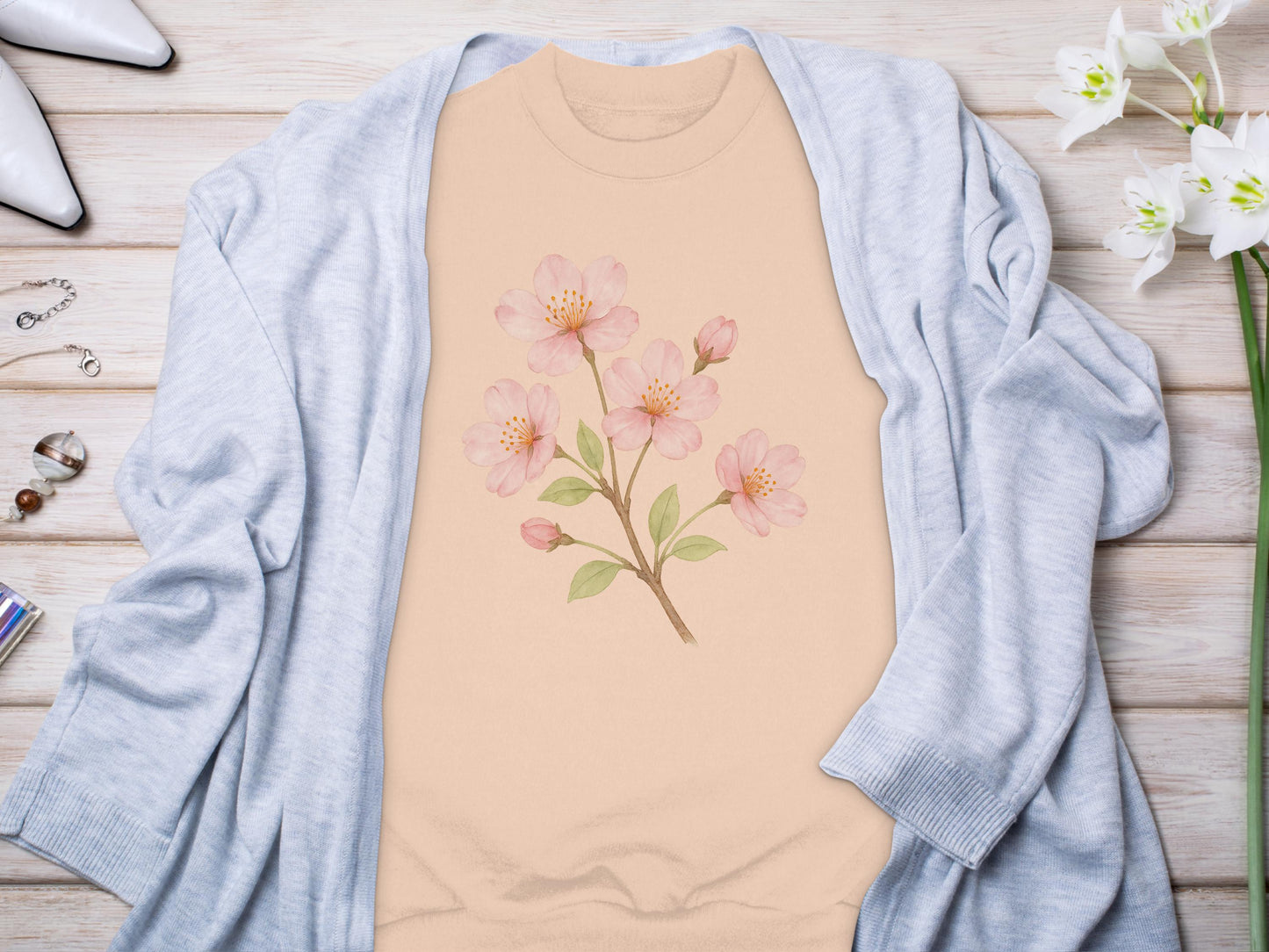 Floral Blossom Illustration on Cozy Beige Sweatshirt product