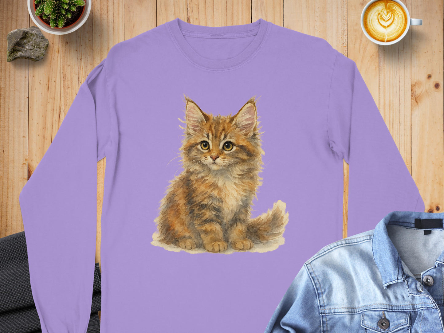 Cute Fluffy Kitten on Lavender Long Sleeve Shirt product