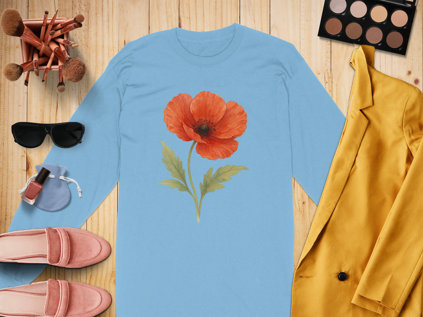 Vibrant Red Flower Printed Blue Long Sleeve Shirt product