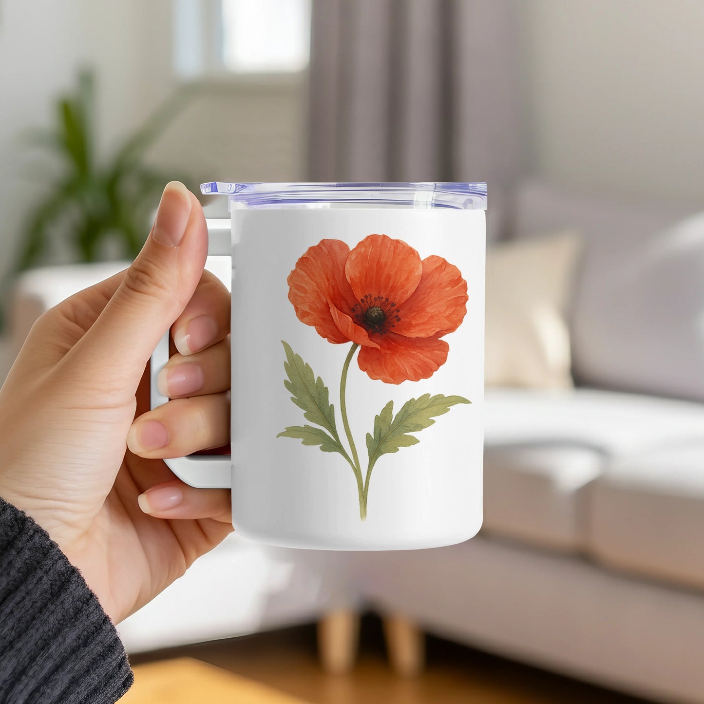 White Coffee Mug with Red Poppy Flower Design product type