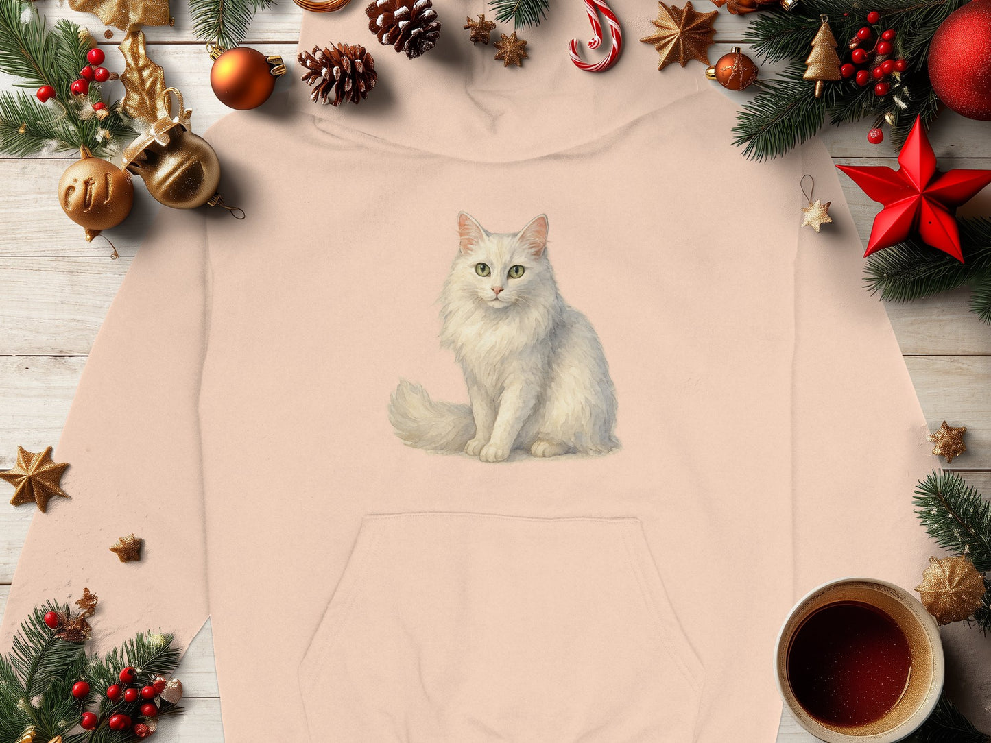 Adorable White Cat Print Pink Christmas Hoodie product