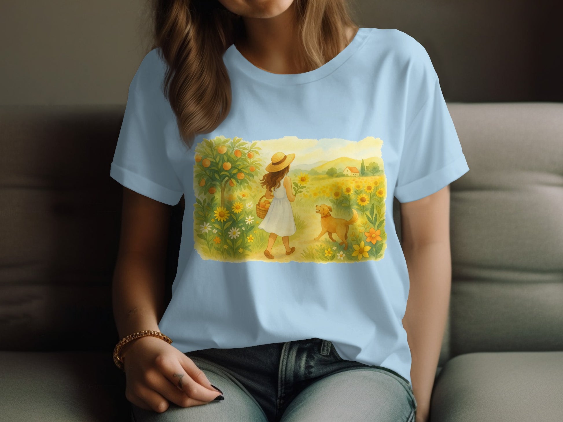 Woman Walking Dog in Sunflower Field T-Shirt product type