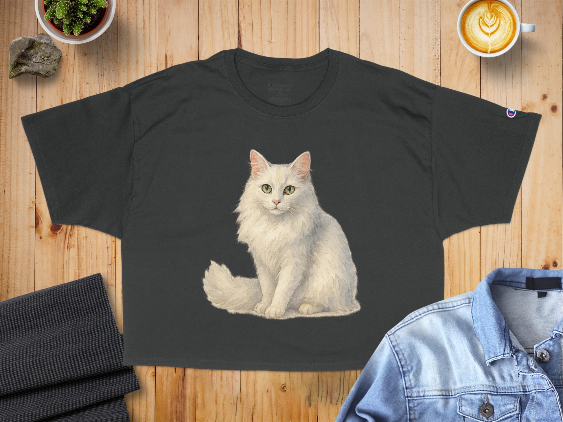Artistic White Cat Print on Black Women Crop Top product