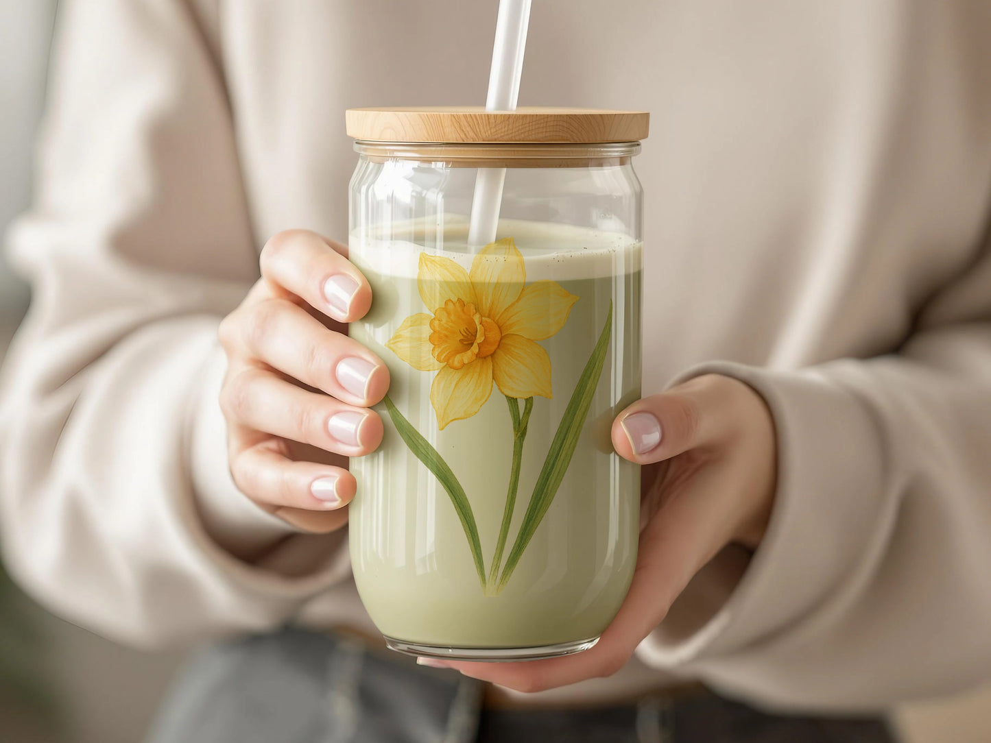 Daffodil Floral Print Glass Jar With Wooden Lid product