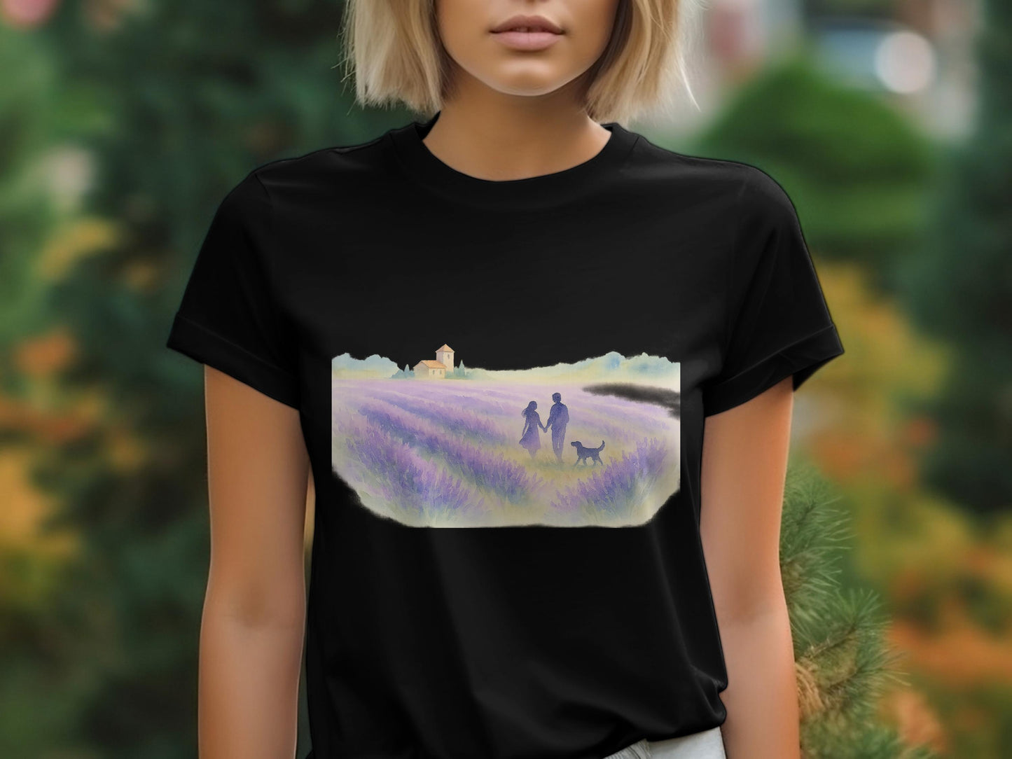 Lavender Field with Couple and Dog T-shirt product type