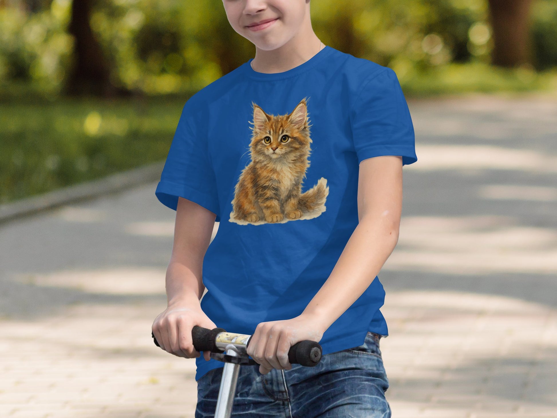 Cute Fluffy Kitten Printed on Blue T-shirt product type