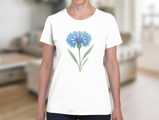 Blue Cornflower Graphic on White T-shirt product type