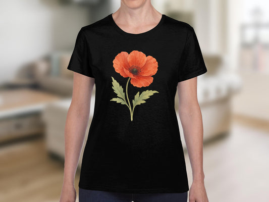 Stylish Black T-Shirt with Bright Red Poppy Design product type