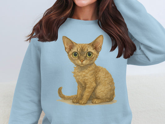Cute Big Eyed Kitten Illustration on Blue Sweatshirt product