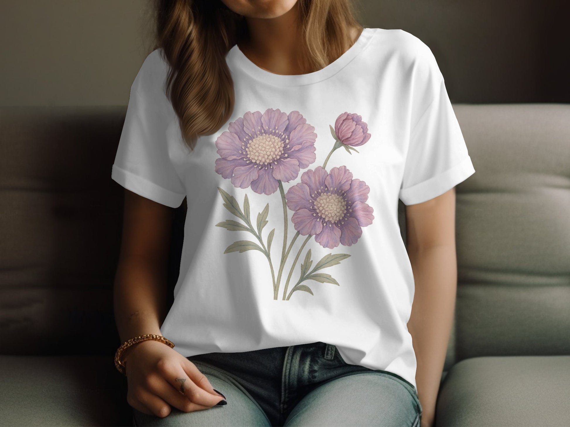 Beautiful Purple Flower Design on White Shirt product
