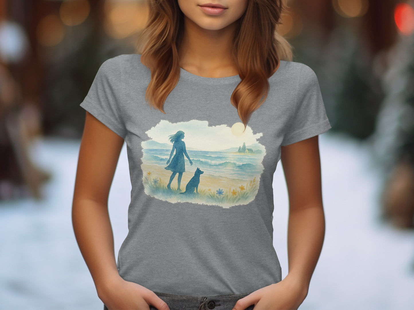 Scenic Beach Walk with Dog Grey T-Shirt product type