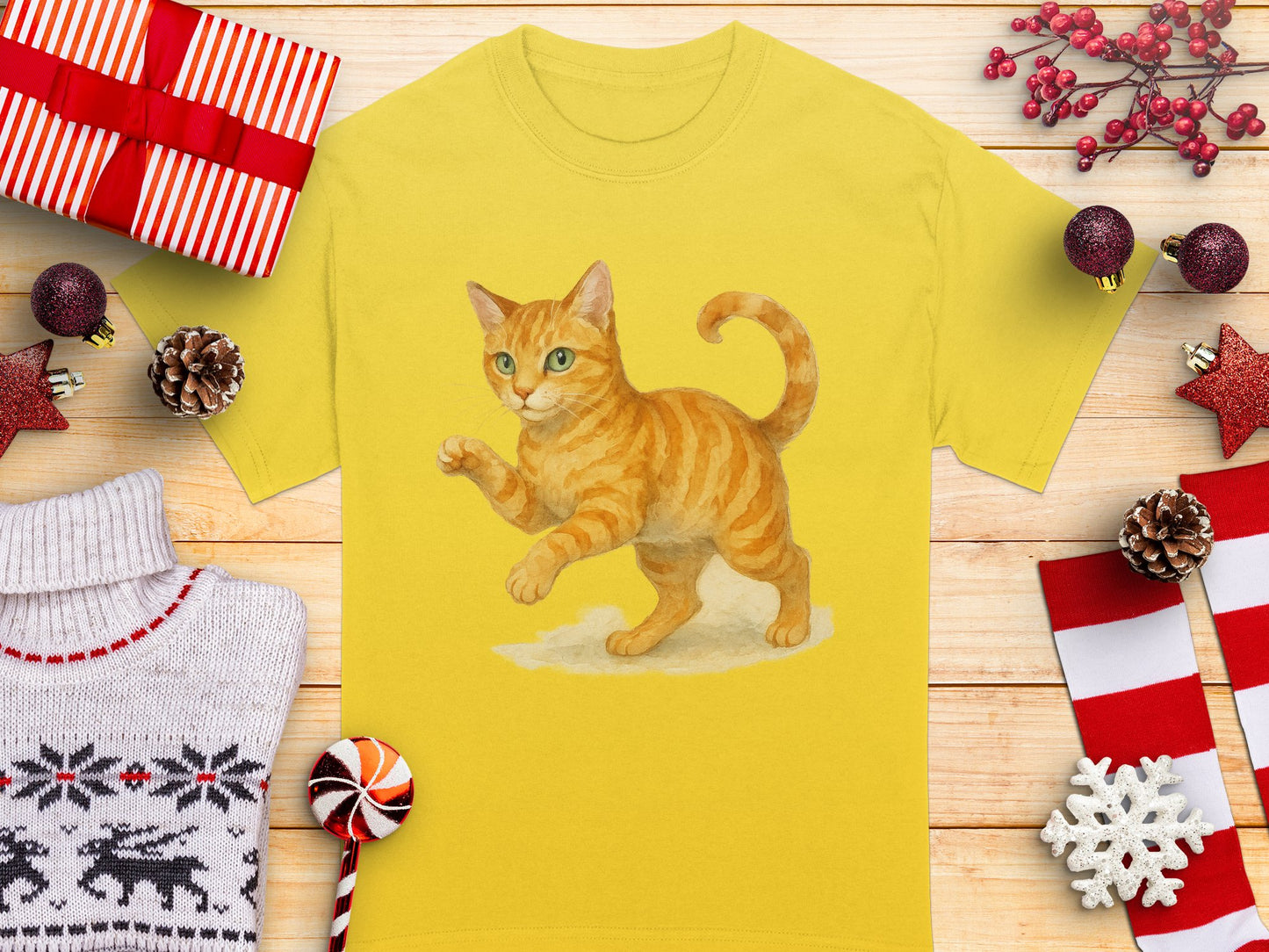 Adorable Playful Cat Graphic on Yellow T-Shirt product type