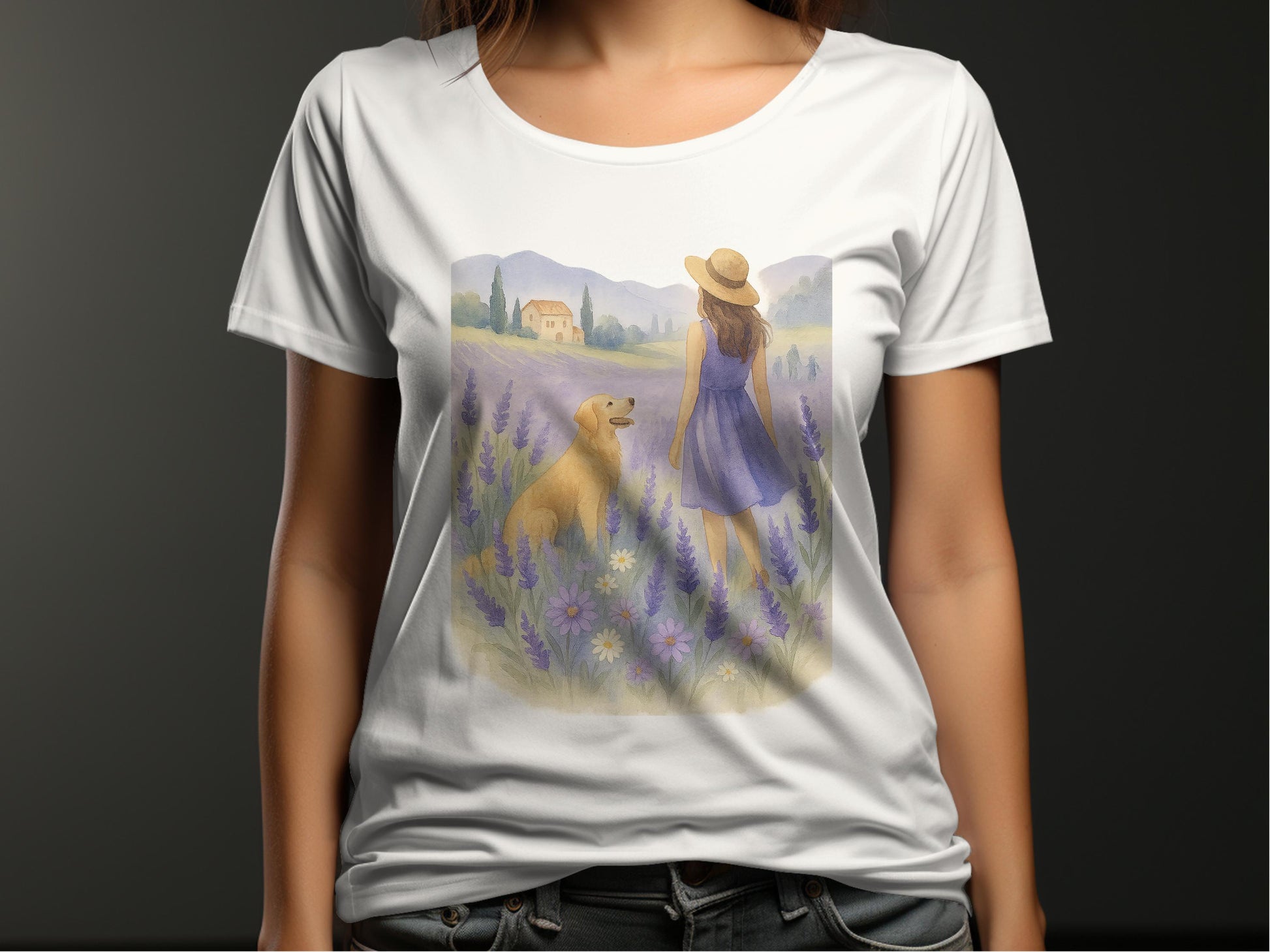 Woman in Lavender Field with Dog T-shirt product type
