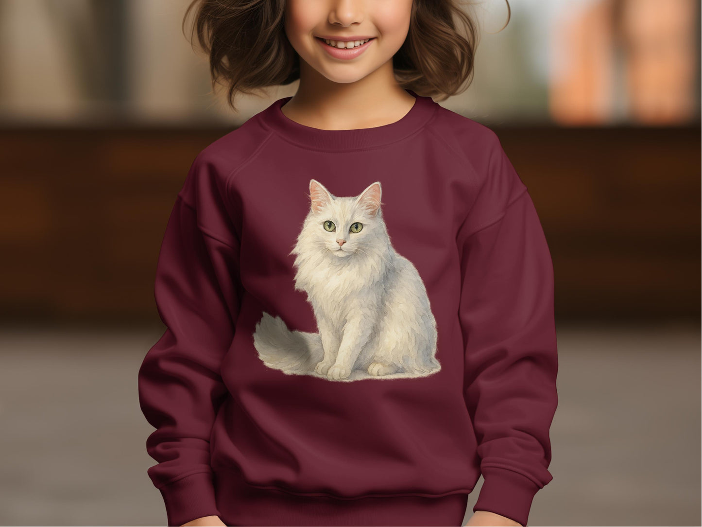 Adorable White Cat Print on Maroon Kids Sweater product type