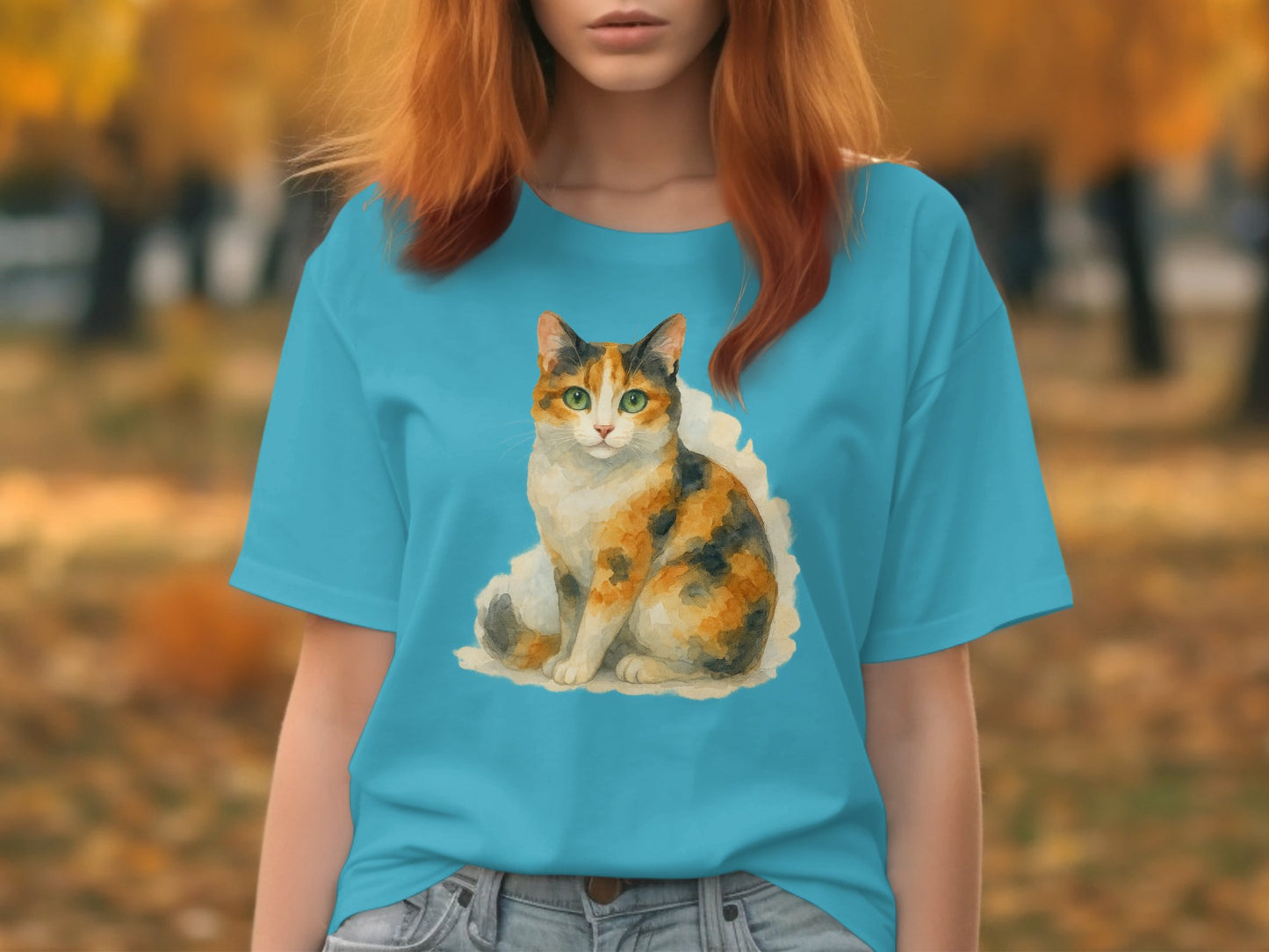 Cute Multicolor Cat Print on Blue T-shirt product type