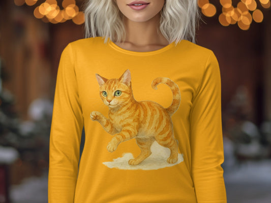 Festive Cat Design on Yellow Long Sleeve Shirt product