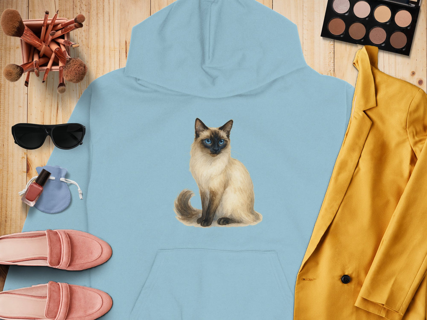 Cozy Blue Hoodie with Stylish Siamese Cat Design product type