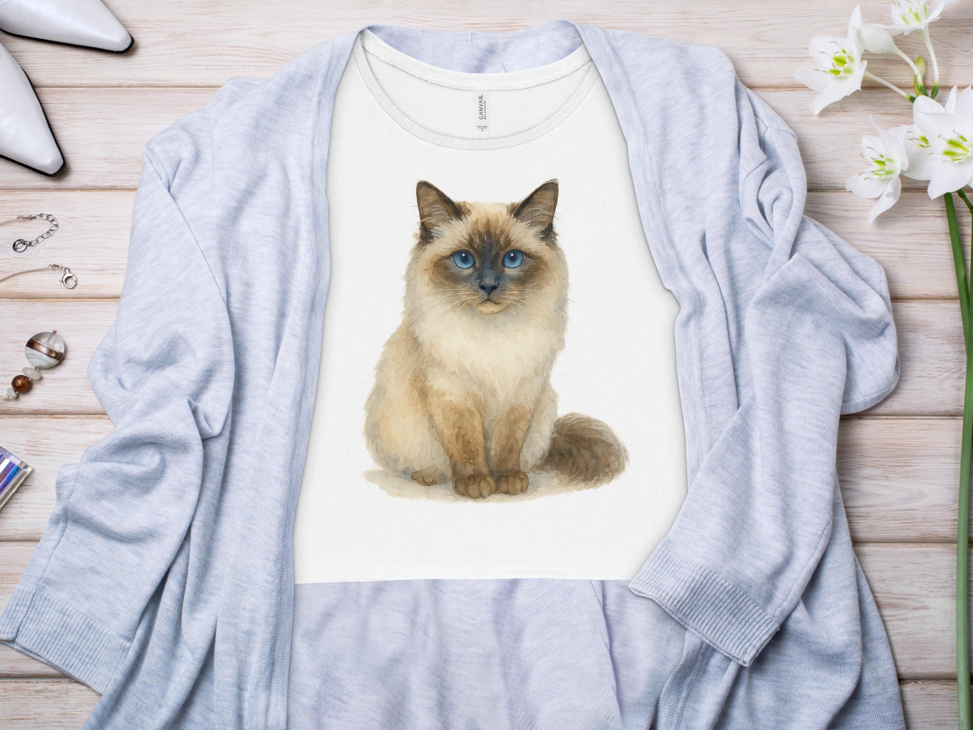 Adorable Fluffy Cat on White Shirt Cute fashion product
