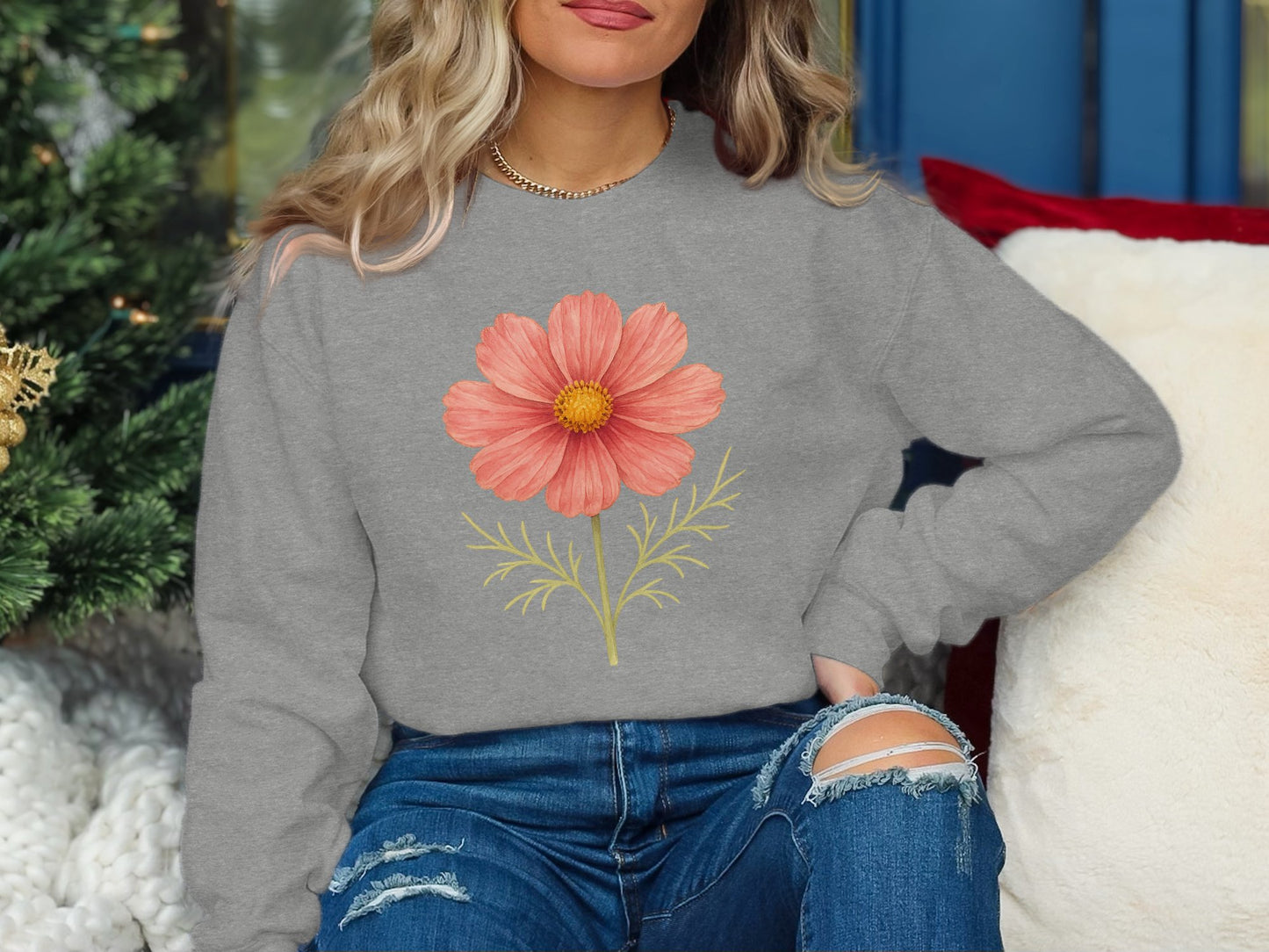 Cozy Grey Sweater With Coral Flower Print product type