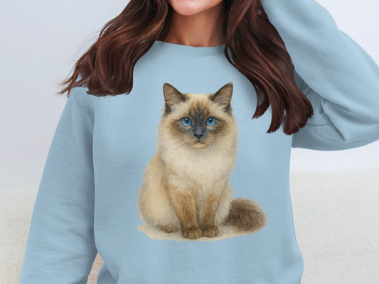 Blue Sweatshirt with Adorable Cat Print Sweatshirt Product
